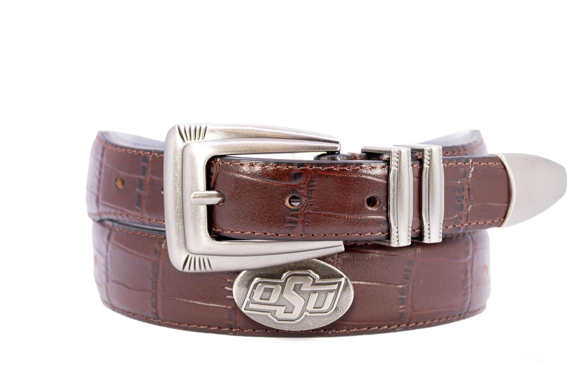 Oklahoma State Cowboys Men's Collegiate Leather Belt. OSU Gift. Cowboys Merch. Brown Croc Pattern Full Grain Finish With Metal Emblem