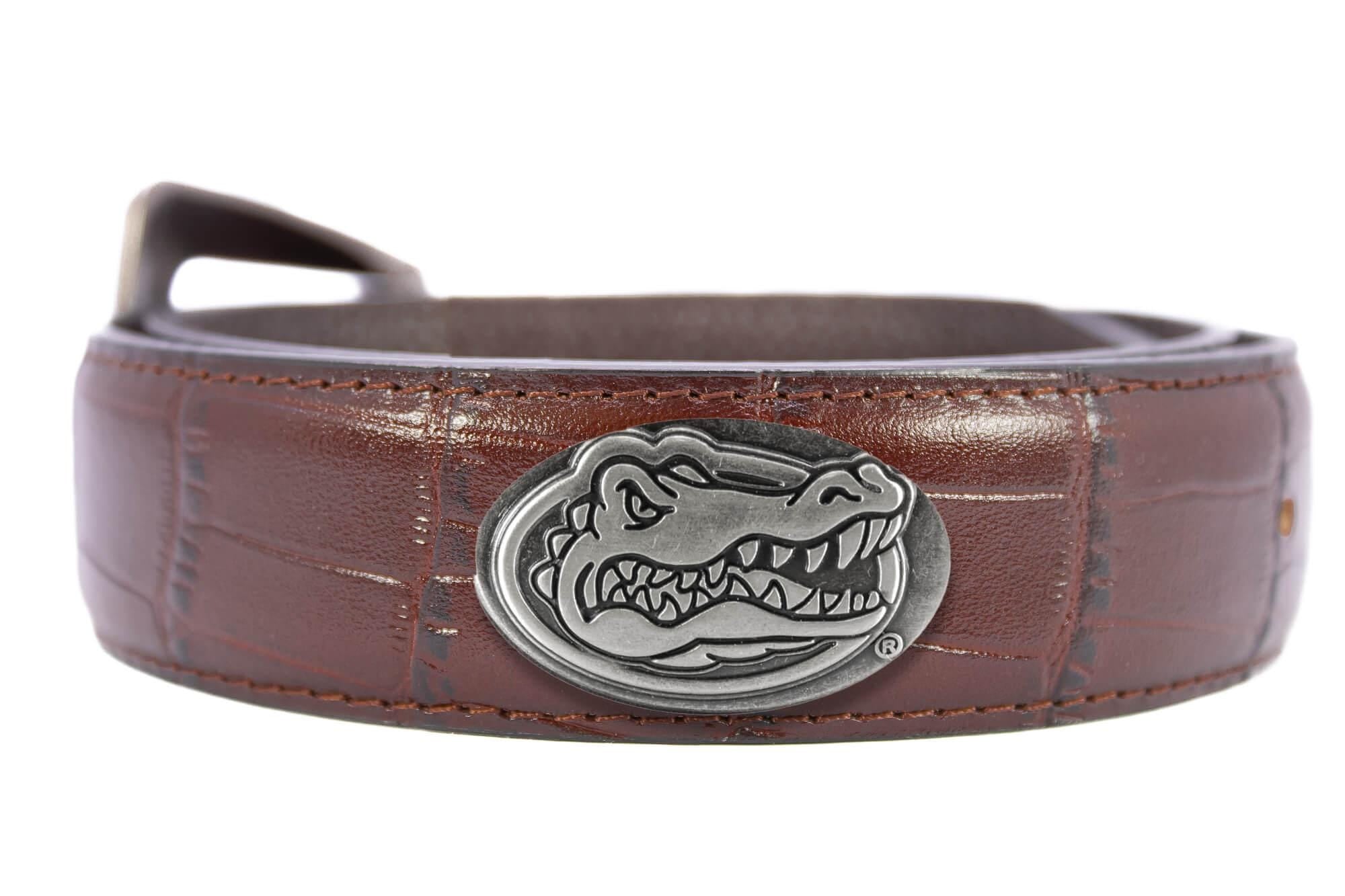 Florida Gators Men's Collegiate Leather Belt. Gators Gift. Florida Merch . Brown Croc Pattern Full Grain Finish With Metal Emblem Conchos.