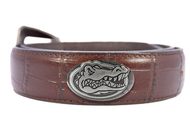 Florida Gators Men's Collegiate Leather Belt. Gators Gift. Florida Merch . Brown Croc Pattern Full Grain Finish With Metal Emblem Conchos.