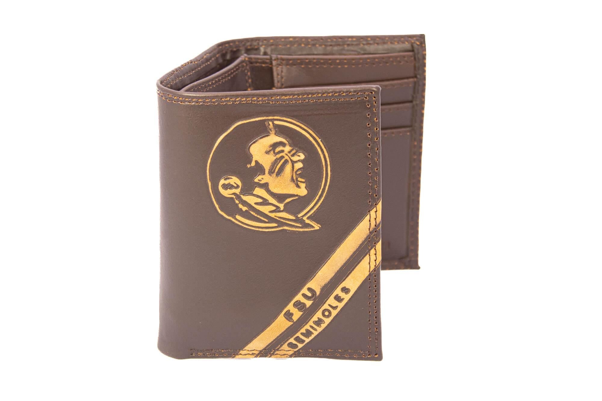 FSU Seminoles Men's Embossed Leather Wallet. FSU Trifold. FSU Secretary. Brown Collegiate Wallet. Seminoles Athletic Print.