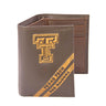 Texas Tech Red Raiders Men's Embossed Leather Wallet. TTU Trifold. TTU Secretary. Brown Collegiate Wallet. Raiders Athletic Print.