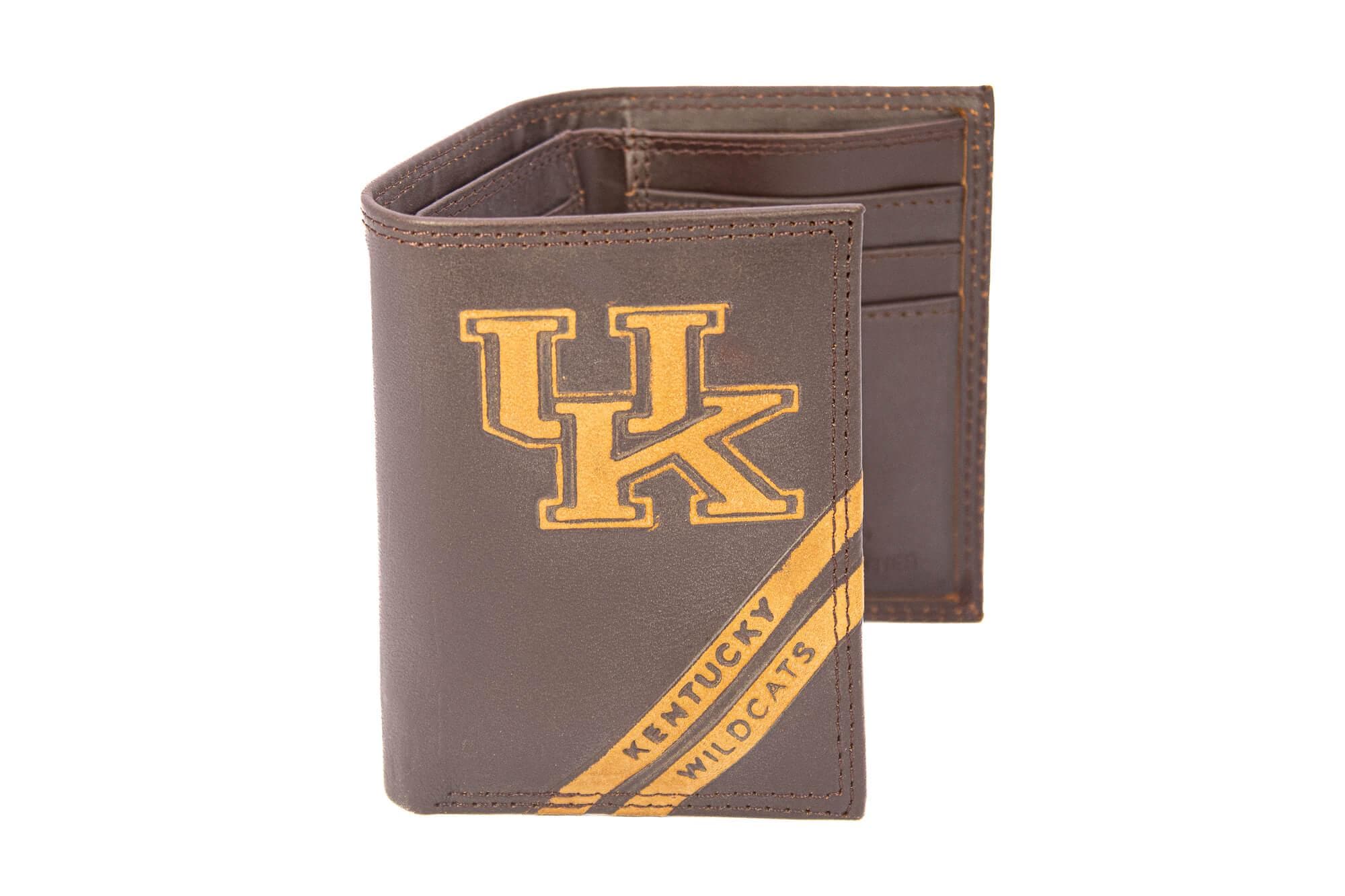 Kentucky Wildcats Men's Embossed Leather Wallet. Kentucky Trifold. UK Wildcats Secretary. Brown Collegiate Wallet. Wildcats Athletic Print.