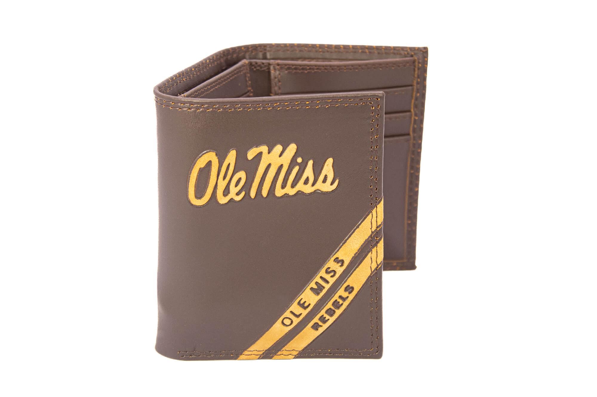 Ole Miss Rebels Men's Embossed Leather Wallet. Ole Miss Trifold. MISS Secretary. Brown Collegiate Wallet. Rebels Athletic Print.
