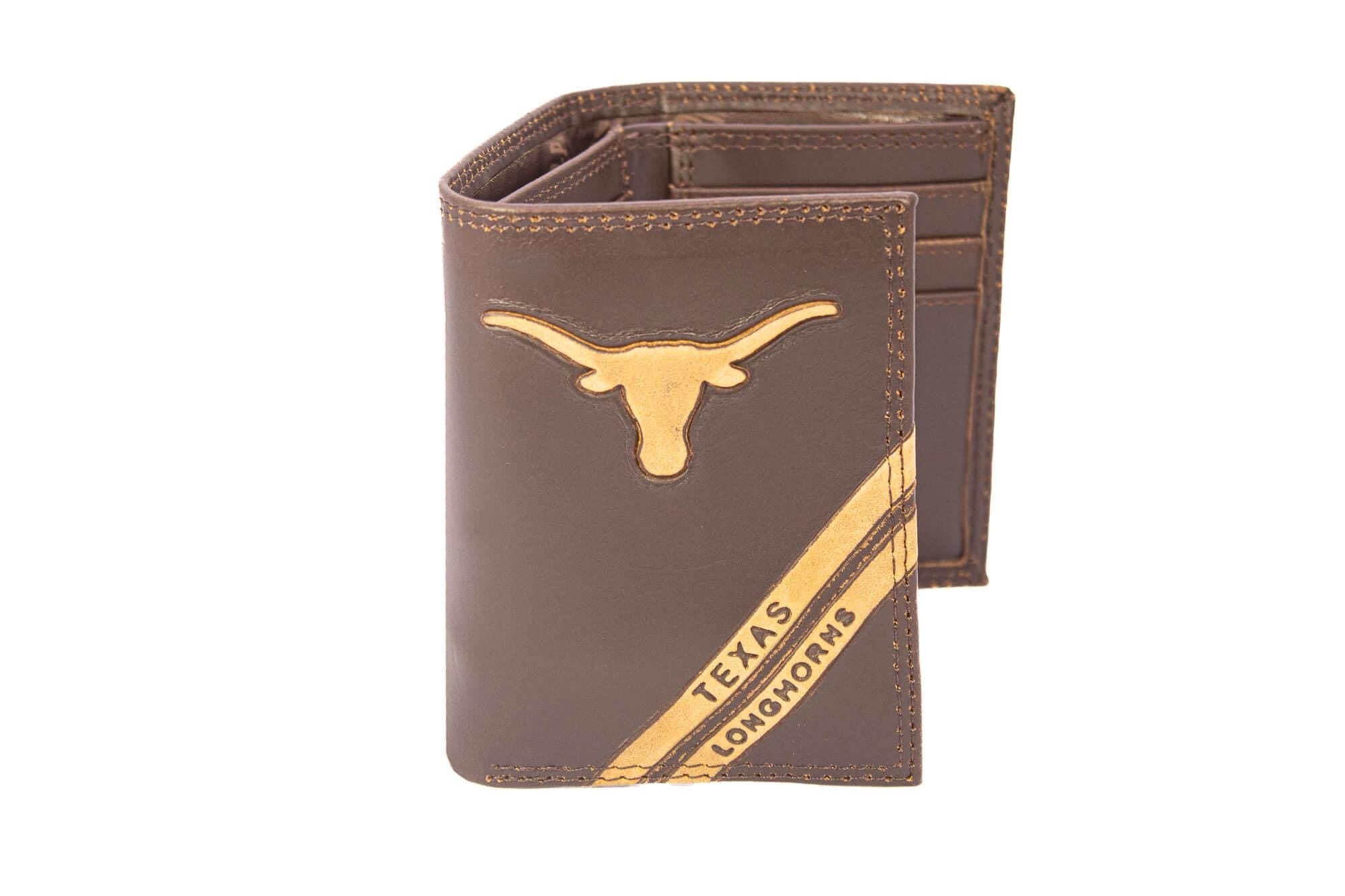 Texas Longhorns Men's Embossed Leather Wallet. Texas Trifold. Longhorns Secretary. Brown Collegiate Wallet. Longhorns Athletic Print.