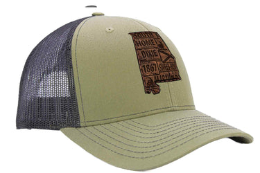 Alabama Map Leather Patch Trucker Hat. Burnished Full Grain Leather. Snapback Trucker Hat. Richardson 112 Cap. Alabama State Headwear.