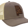 Alabama Map Leather Patch Trucker Hat. Burnished Full Grain Leather. Snapback Trucker Hat. Richardson 112 Cap. Alabama State Headwear.