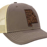 Alabama Map Leather Patch Trucker Hat. Burnished Full Grain Leather. Snapback Trucker Hat. Richardson 112 Cap. Alabama State Headwear.