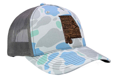 Alabama Map Old School Camo Trucker Hat. Burnished Full Grain Leather Patch. 5-Panel Richardson 112 Snapback Cap. Stitched Map Patch.
