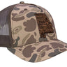Alabama Map Old School Camo Trucker Hat. Burnished Full Grain Leather Patch. 5-Panel Richardson 112 Snapback Cap. Stitched Map Patch.
