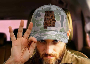 Alabama Map Old School Camo Trucker Hat. Burnished Full Grain Leather Patch. 5-Panel Richardson 112 Snapback Cap. Stitched Map Patch.