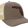 Florida Map Leather Patch Trucker Hat. Burnished Full Grain Leather. Snapback Trucker Hat. Richardson 112 Cap. Florida State Headwear.