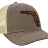 Florida Map Leather Patch Trucker Hat. Burnished Full Grain Leather. Snapback Trucker Hat. Richardson 112 Cap. Florida State Headwear.