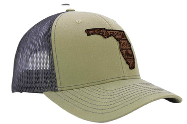 Florida Map Leather Patch Trucker Hat. Burnished Full Grain Leather. Snapback Trucker Hat. Richardson 112 Cap. Florida State Headwear.