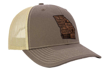 Georgia Map Leather Patch Trucker Hat. Burnished Full Grain Leather. Snapback Trucker Hat. Richardson 112 Cap. Georgia State Headwear.