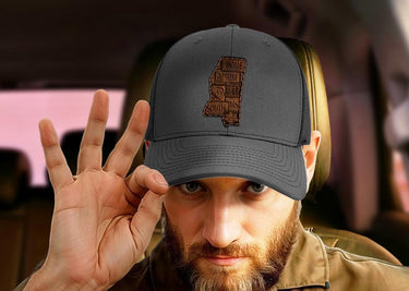 Mississippi Map Leather Patch Trucker Hat. Burnished Full Grain Leather. Snapback Trucker Hat. Richardson Cap. Mississippi State Headwear