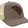 South Carolina Map Leather Patch Trucker Hat. Burnished Full Grain Leather. Snapback Trucker Hat. Richardson 112 Cap. SC State Headwear.