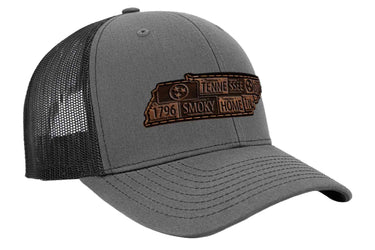 Tennessee Map Leather Patch Trucker Hat. Burnished Full Grain Leather. Snapback Trucker Hat. Richardson 112 Cap. Tennessee State Headwear.