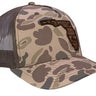 Florida Map Old School Camo Trucker Hat. Burnished Full Grain Leather Patch. 5-Panel Richardson 112 Snapback Cap. Stitched Map Patch.