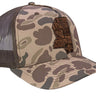 Mississippi Map Old School Camo Trucker Hat. Burnished Full Grain Leather Patch. 5-Panel Richardson 112 Snapback Cap. Stitched Map Patch.