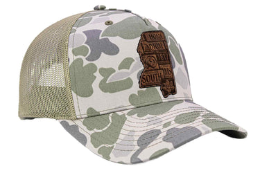 Mississippi Map Old School Camo Trucker Hat. Burnished Full Grain Leather Patch. 5-Panel Richardson 112 Snapback Cap. Stitched Map Patch.