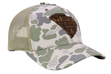 South Carolina Map Old School Camo Trucker Hat. Burnished Full Grain Leather Patch. 5-Panel Richardson 112 Snapback Cap. Stitched Map Patch.