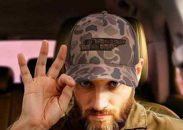 Tennessee Map Old School Camo Trucker Hat. Burnished Full Grain Leather Patch. 5-Panel Richardson 112 Snapback Cap. Stitched Map Patch.