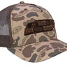 Tennessee Map Old School Camo Trucker Hat. Burnished Full Grain Leather Patch. 5-Panel Richardson 112 Snapback Cap. Stitched Map Patch.
