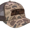 Tennessee Map Old School Camo Trucker Hat. Burnished Full Grain Leather Patch. 5-Panel Richardson 112 Snapback Cap. Stitched Map Patch.