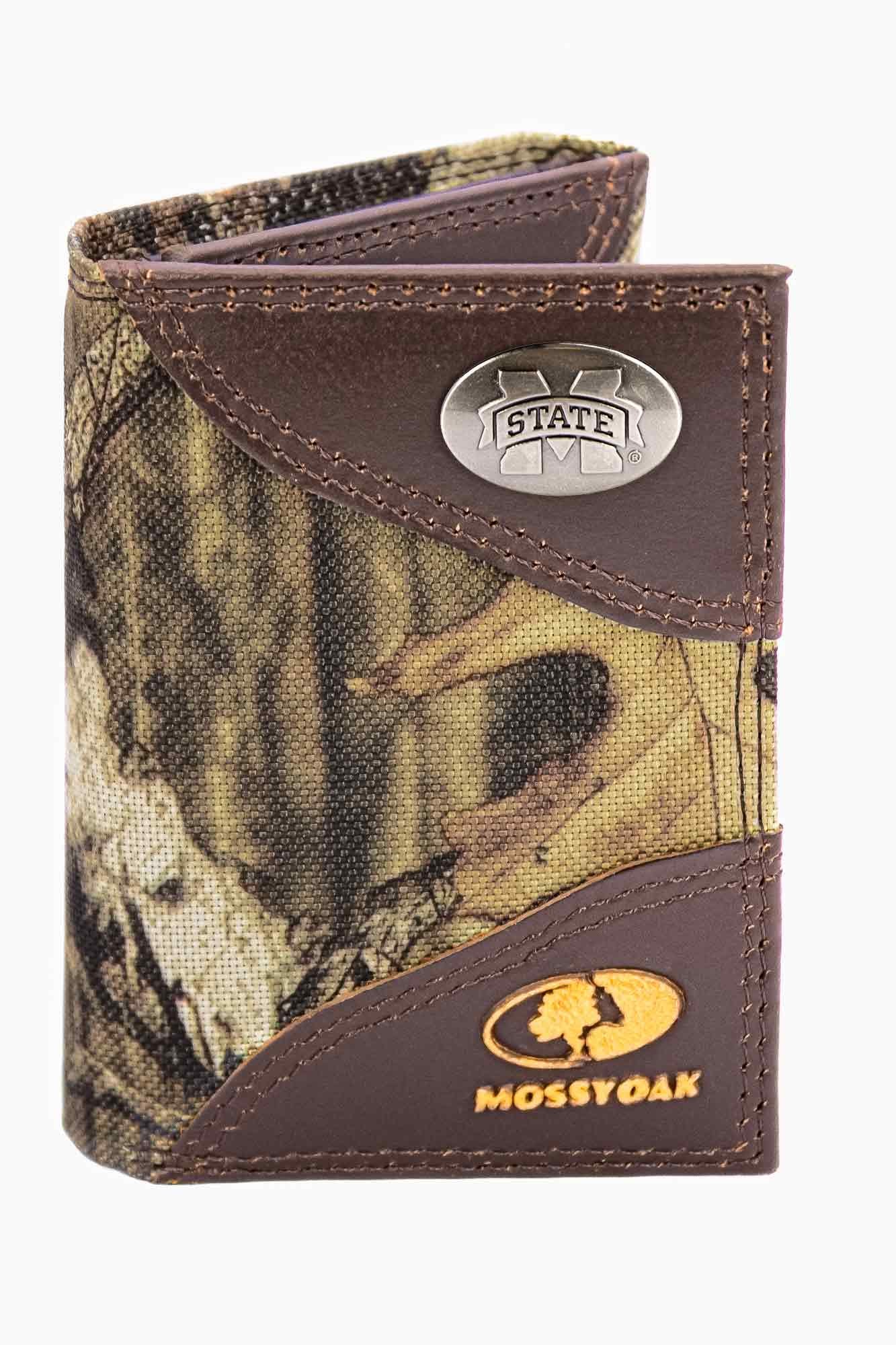 Mississippi State Mossy Oak Wallets. Bifold Pass-case. Classic Trifold. Tall Secretary. Mossy Oak Break-up Pattern. Leather Nylon Combo.