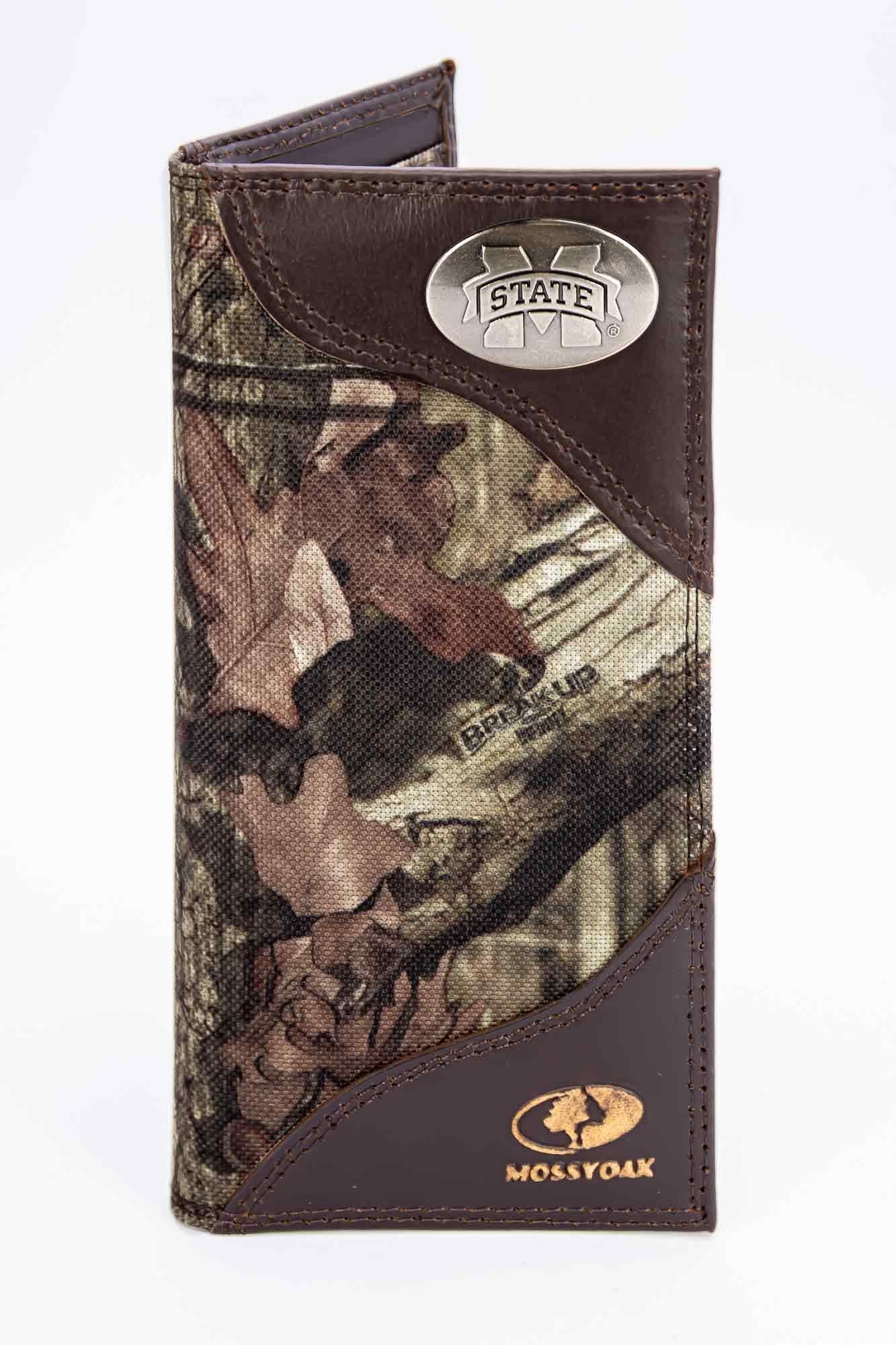 Mississippi State Mossy Oak Wallets. Bifold Pass-case. Classic Trifold. Tall Secretary. Mossy Oak Break-up Pattern. Leather Nylon Combo.