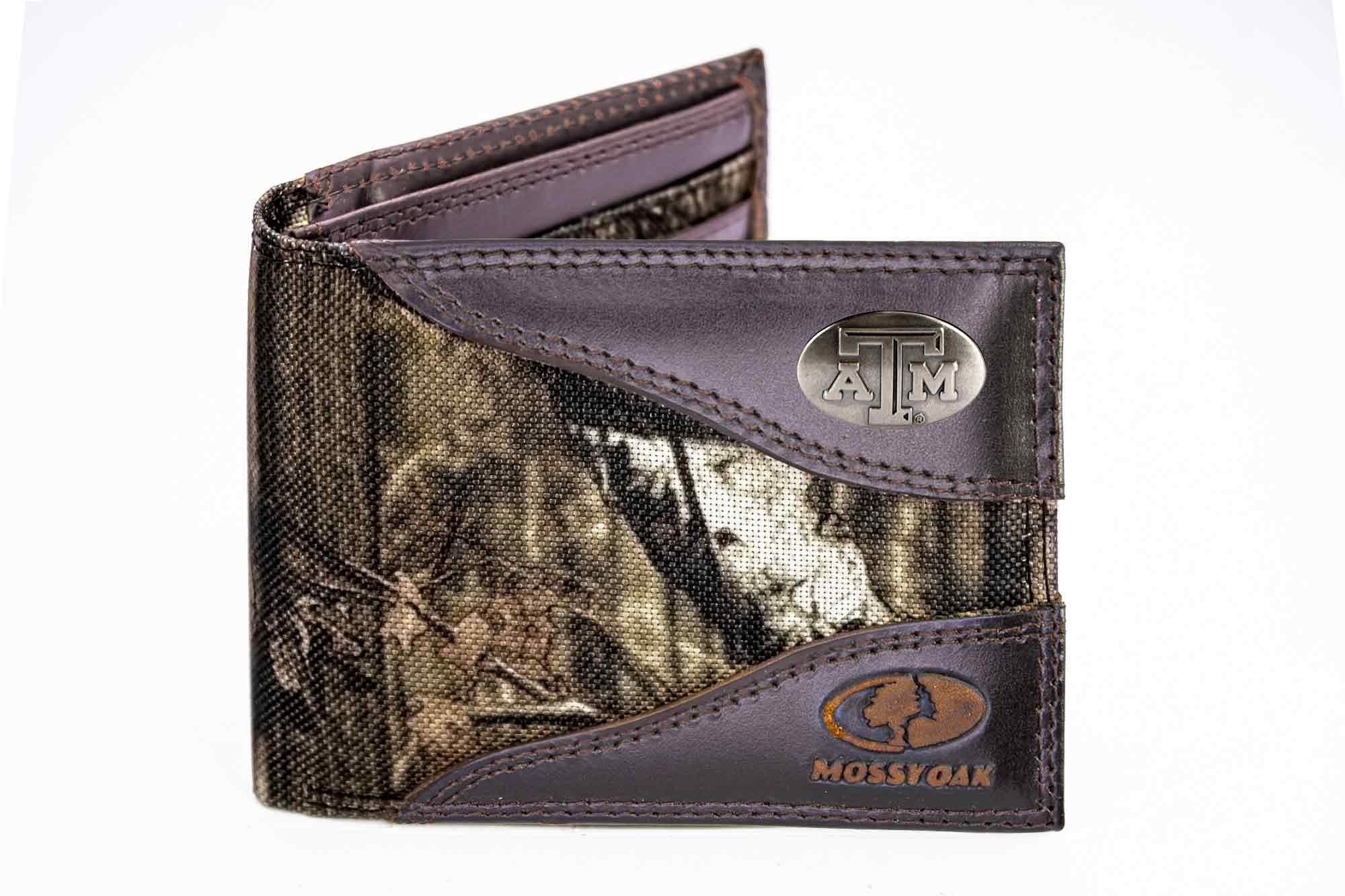 Texas A&M Aggies Mossy Oak Wallets. Bifold Pass-case. Classic Trifold. Tall Secretary. Mossy Oak Break-up Pattern. Leather Nylon Combo.