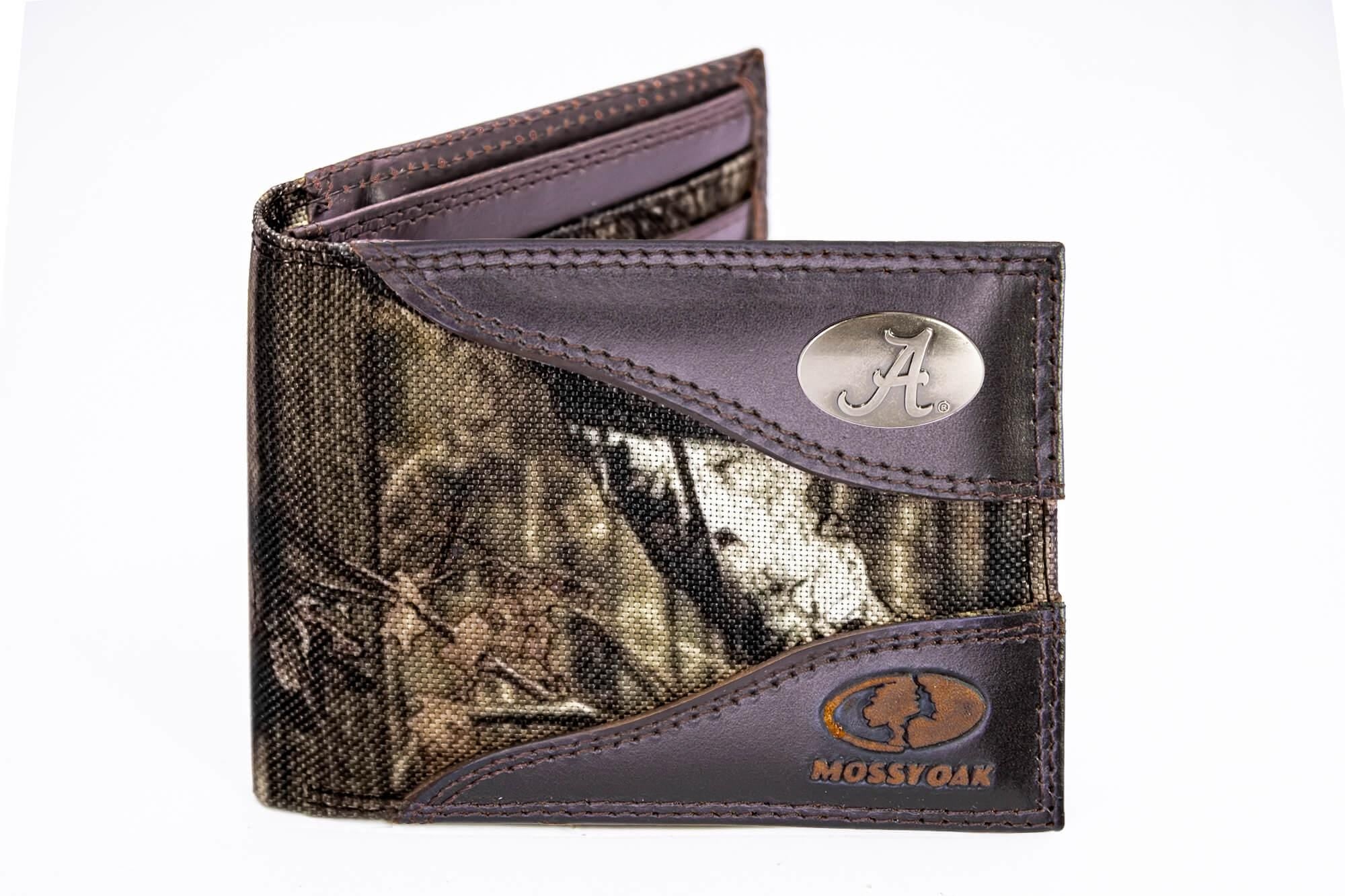 Alabama Crimson Tide Mossy Oak Wallets. Bifold Pass-case. Classic Trifold. Tall Secretary. Mossy Oak Break-up Pattern. Leather Nylon Combo.