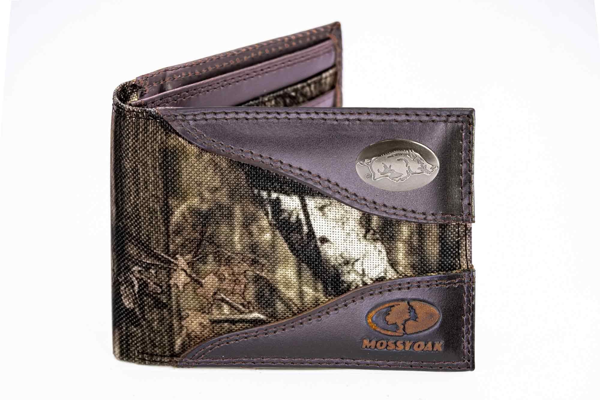 Arkansas Razorbacks Mossy Oak Wallets. Bifold Pass-case. Classic Trifold. Tall Secretary. Mossy Oak Break-up Pattern. Leather Nylon Combo.