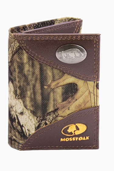 Arkansas Razorbacks Mossy Oak Wallets. Bifold Pass-case. Classic Trifold. Tall Secretary. Mossy Oak Break-up Pattern. Leather Nylon Combo.