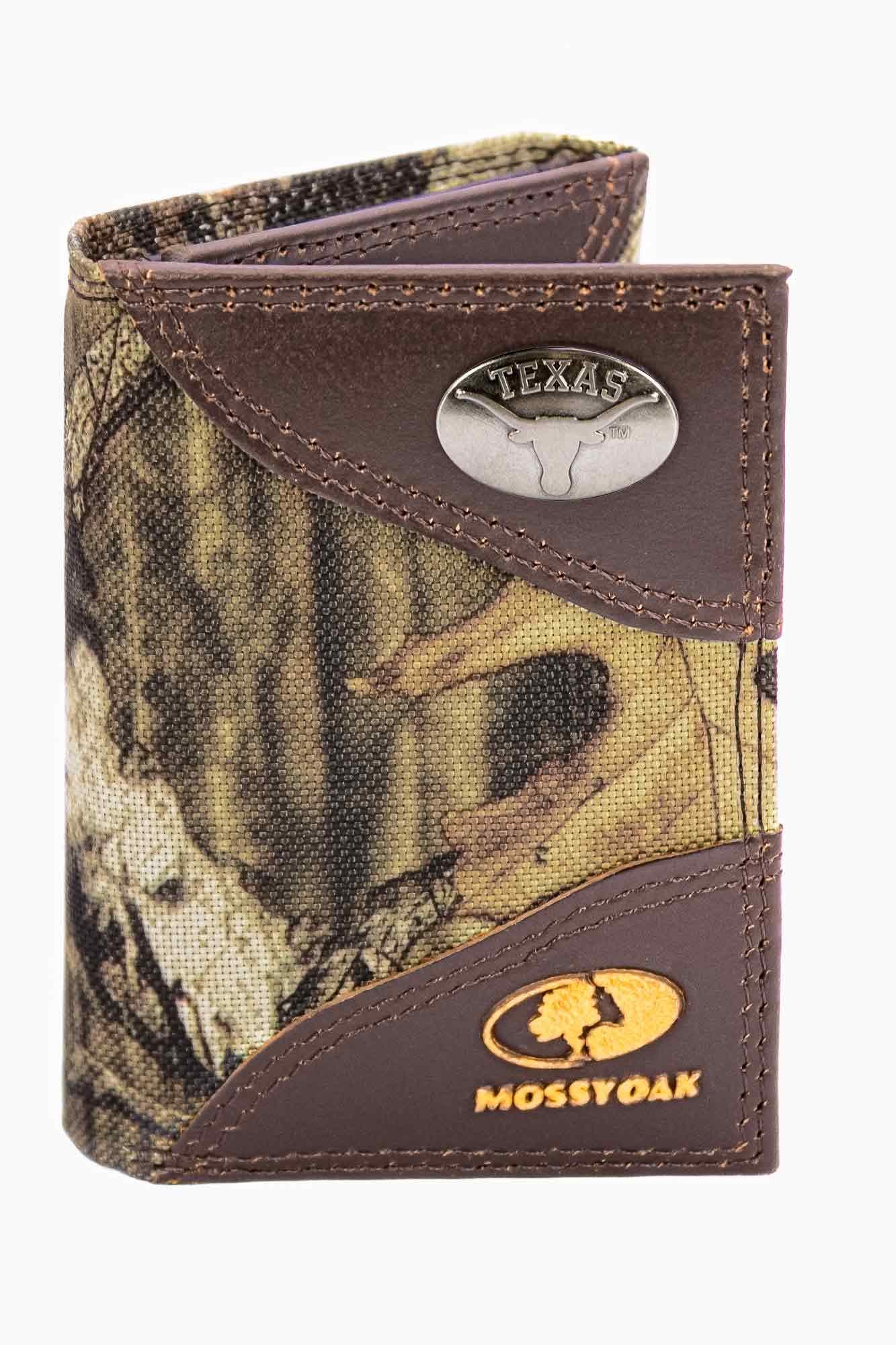 Texas Longhorns Mossy Oak Wallets. Bifold Pass-case. Classic Trifold. Tall Secretary. Mossy Oak Break-up Pattern. Leather Nylon Combo.