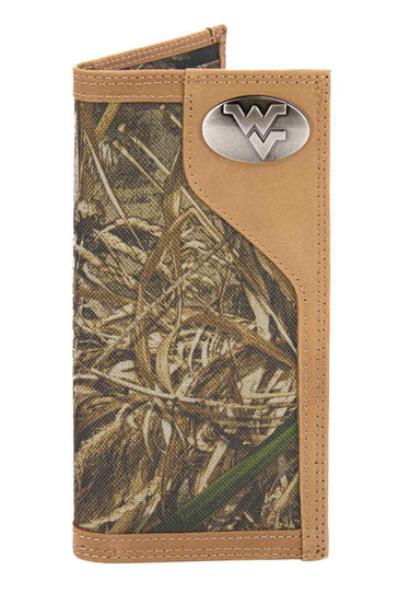 WVU Mountaineers Realtree Wallets. Bifold Pass-case. Classic Trifold. Tall Secretary. Realtree Max-5 Pattern. Leather Nylon Combo.