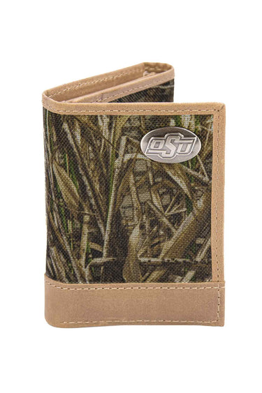 Oklahoma State Cowboys Realtree Wallets. Bifold Pass-case. Classic Trifold. Tall Secretary. Realtree Max-5 Pattern. Leather Nylon Combo.