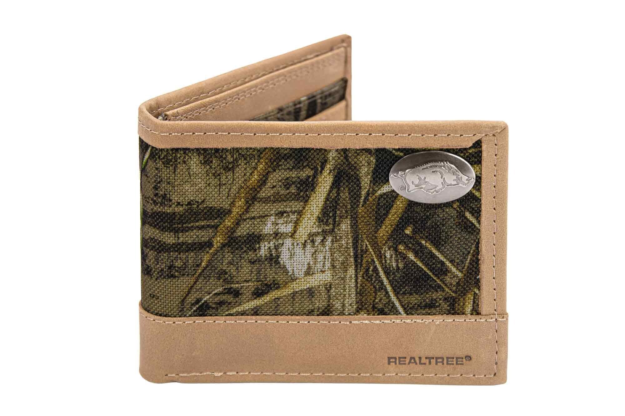 Arkansas Razorbacks Realtree Wallets. Bifold Pass-case. Classic Trifold. Tall Secretary. Realtree Max-5 Pattern. Leather Nylon Combo.