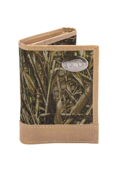 Arkansas Razorbacks Realtree Wallets. Bifold Pass-case. Classic Trifold. Tall Secretary. Realtree Max-5 Pattern. Leather Nylon Combo.