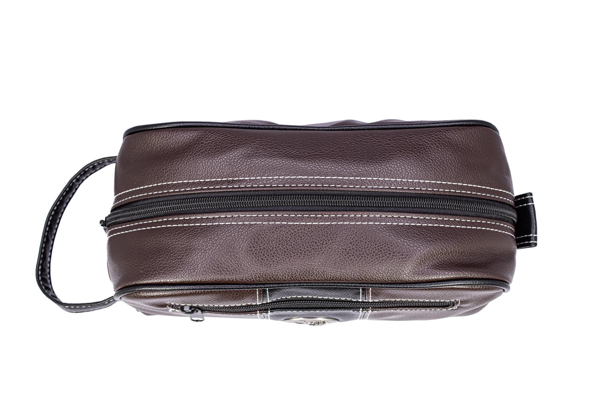 Virginia Tech Hokies Men's Toiletry Dopp Bag. Brown Pebble PU Finish. Hokies Silver Logo. Durable Water Resistant. Spacious Design.