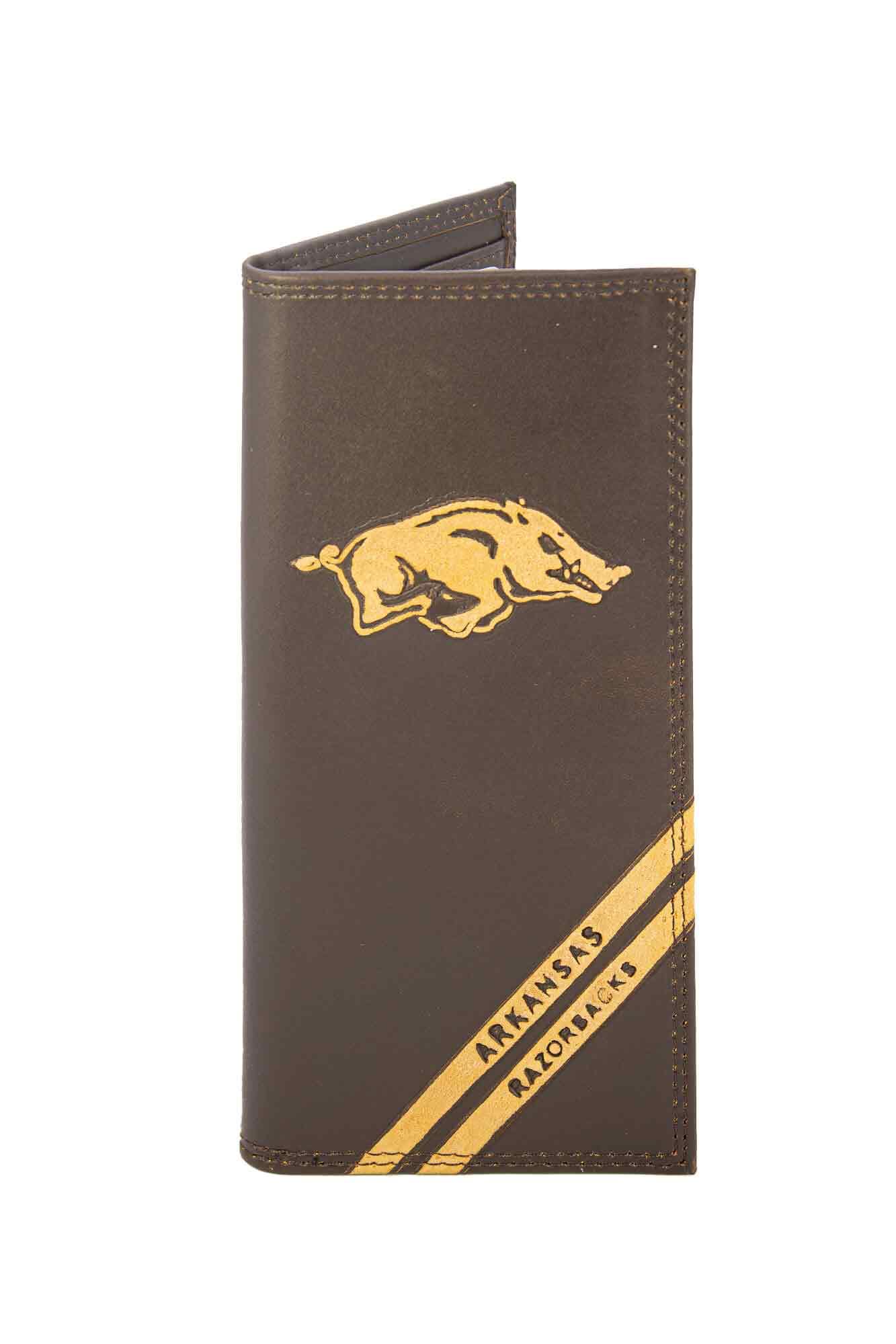 Arkansas Razorbacks Men's Embossed Leather Wallet. Arkansas Trifold. ARK Secretary. Brown Collegiate Wallet. Razorbacks Athletic Print.