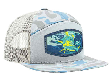 Mahi-mahi Woven Patch Old School Camo Hat. 7-Panel Modern Flat Bill Cap. Richardson 168 Trucker Snapback Hat. Zep-Pro Trucker Hat. Dolphin