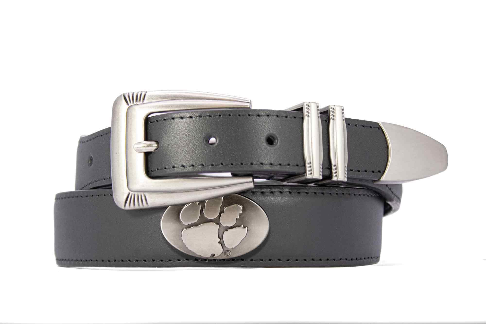 Clemson Tigers Men's Dressy Leather Belt. Clemson Gift. Tigers Merch. Croc Pattern. Smooth Full Grain Finish. Metal Emblem Conchos.