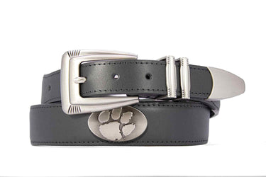 Clemson Tigers Men's Dressy Leather Belt. Clemson Gift. Tigers Merch. Croc Pattern. Smooth Full Grain Finish. Metal Emblem Conchos.