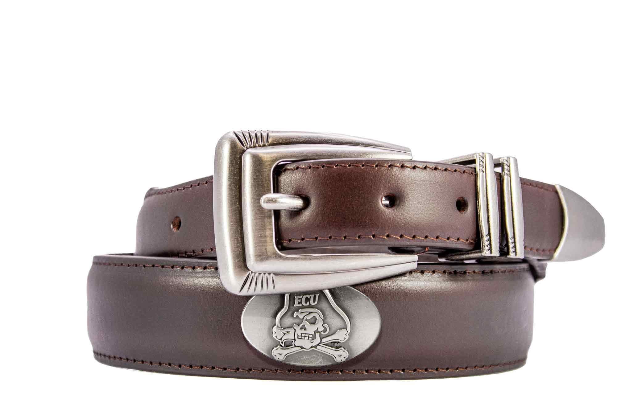 ECU Pirates Men's Dressy Leather Belt. East Carolina Gift. ECU Merch. Croc Pattern. Smooth Full Grain Finish. Metal Emblem Conchos.