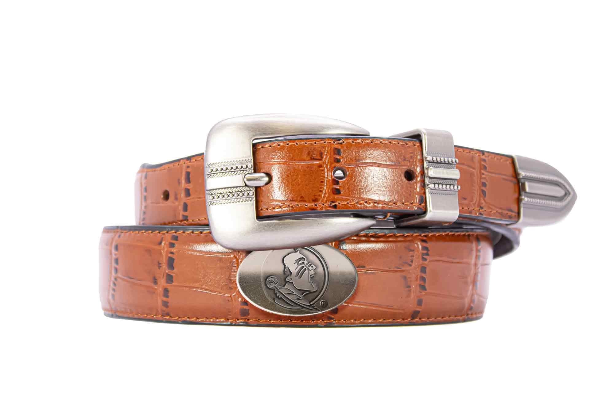 FSU Seminoles Men's Dressy Leather Belt. FSU Gift. Noles Merch. Croc Pattern. Smooth Full Grain Finish. Metal Emblem Conchos.
