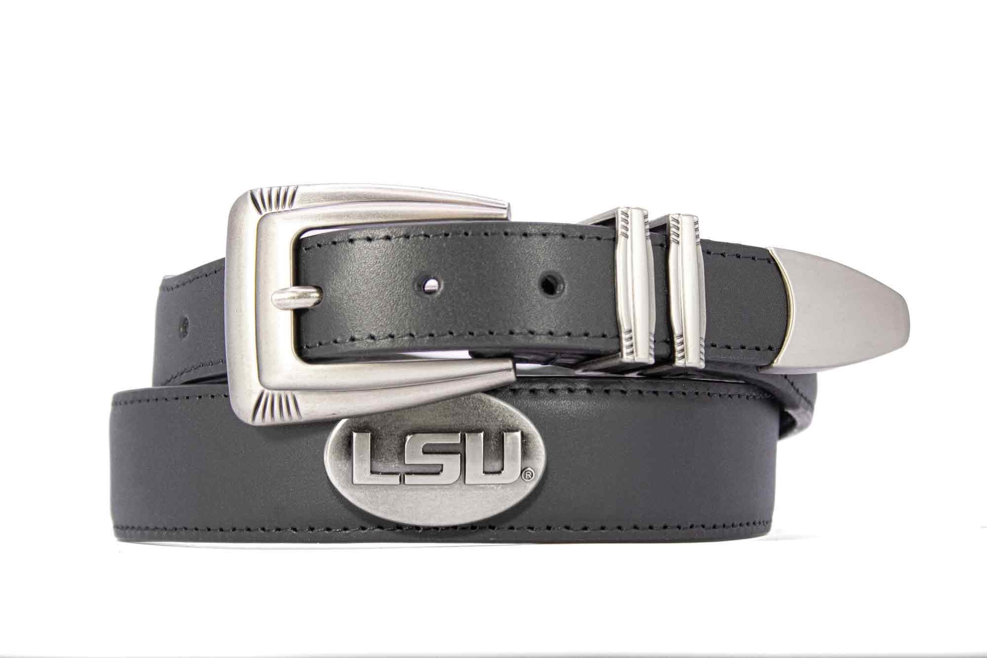 LSU Tigers Men's Dressy Leather Belt. LSU Gift. Tigers Merch. Croc Pattern. Smooth Full Grain Finish. Metal Emblem Conchos.