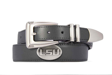 LSU Tigers Men's Dressy Leather Belt. LSU Gift. Tigers Merch. Croc Pattern. Smooth Full Grain Finish. Metal Emblem Conchos.