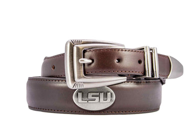 LSU Tigers Men's Dressy Leather Belt. LSU Gift. Tigers Merch. Croc Pattern. Smooth Full Grain Finish. Metal Emblem Conchos.