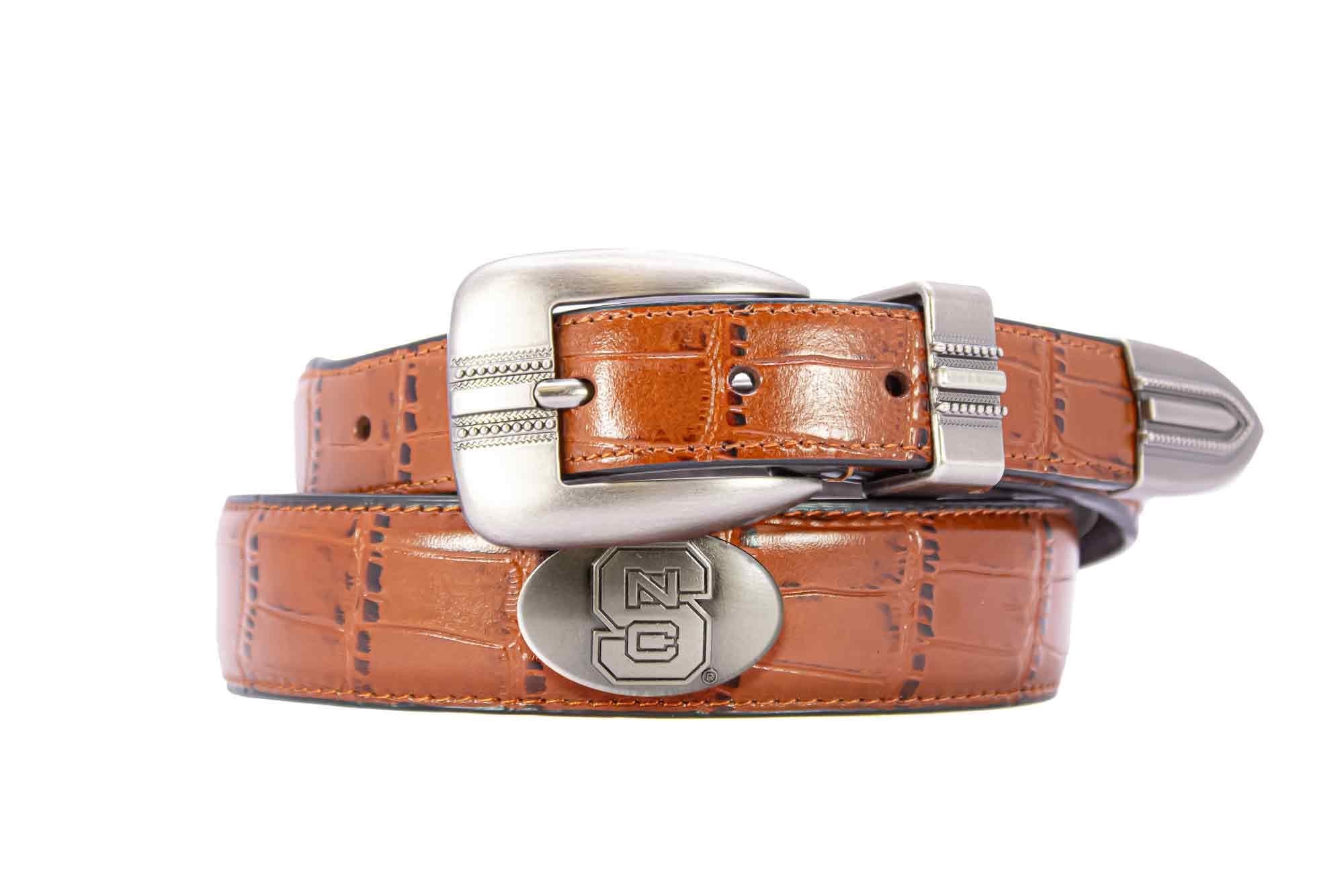 NC State Wolfpack Men's Dressy Leather Belt. NC State Gift. Wolfpack Merch. Croc Pattern. Smooth Full Grain Finish. Metal Emblem Conchos.